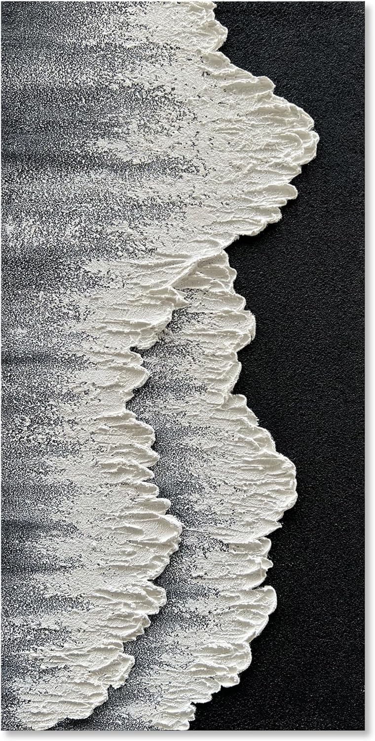 NANKAI Art Hand-Painted 3D Ocean Wave Oil Painting Natural Landscape Black and White Abstract Canvas Art Mural Family Wall Art Deco 48x24 inches