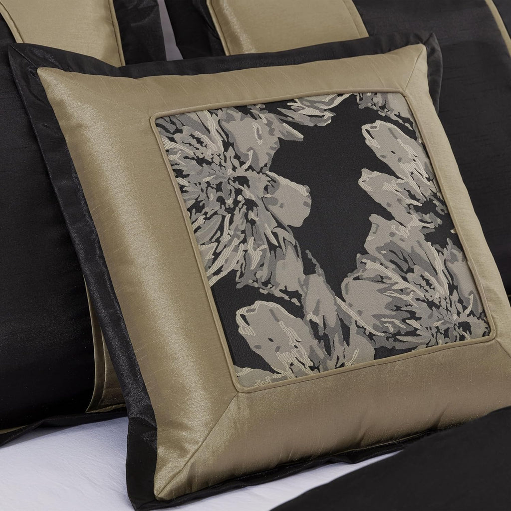 Chezmoi Collection Cameron Comforter Set Oversized King Size, 7-Piece Black Gold Hibiscus Floral Jacquard Bedding Set
