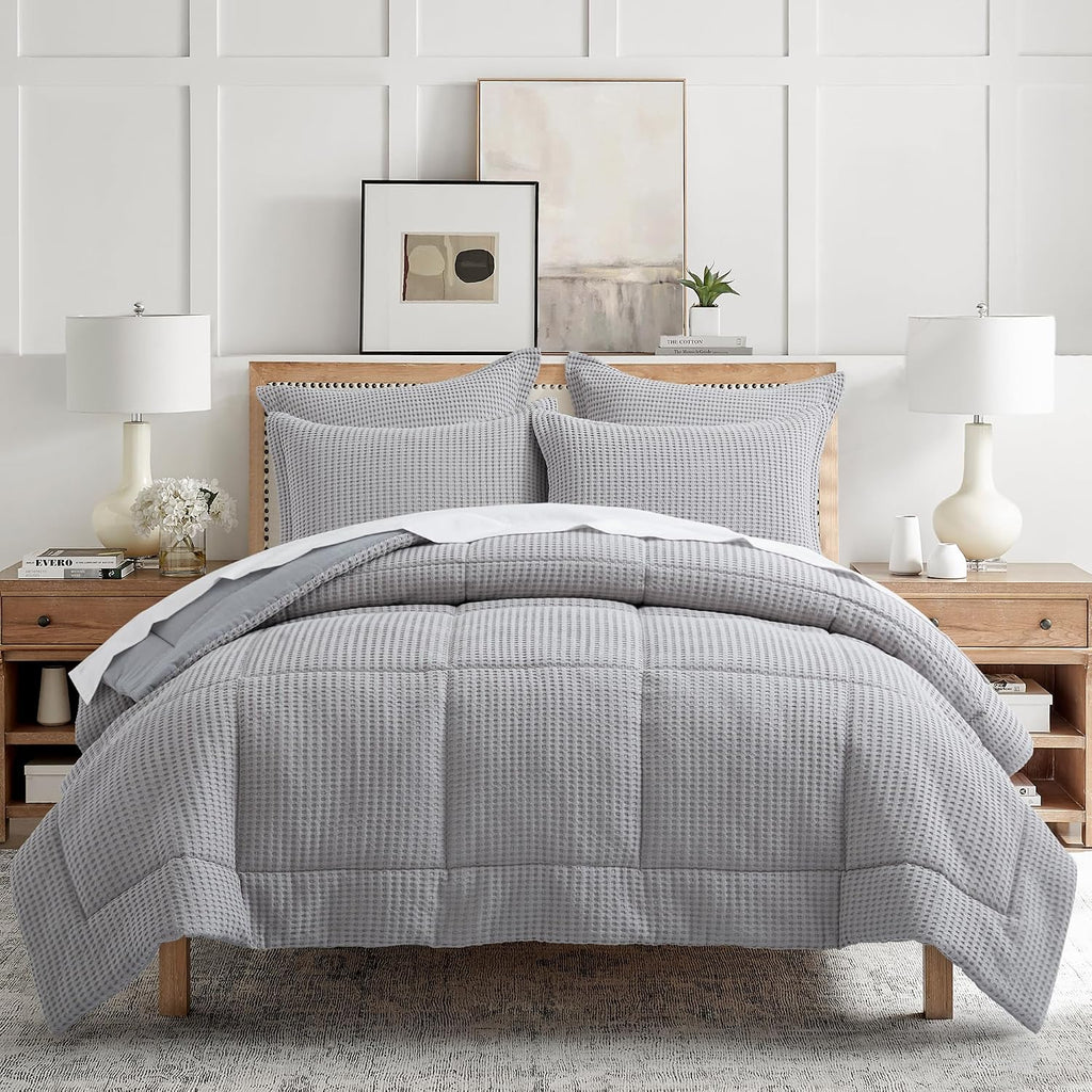 Levtex Home Mills Waffle Full/Queen Comforter Set (90x94in) with 2 Pillow Shams (26x20in) - Grey Pewter - 100% Cotton Full/Queen Size Comforter Set - Soft, Pre-Washed