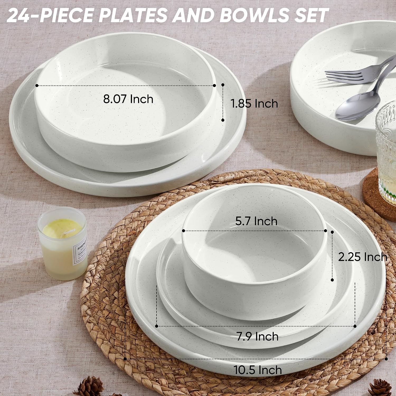 E-far Dinnerware Sets with Pasta Bowls, 24-Piece Stoneware Plates and Bowls Sets for 6 | Microwave & Dishwasher Safe Kitchen Modern Dish Set, Speckled White