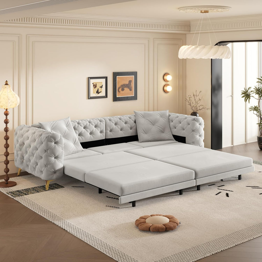 WILLIAMSPACE 97.7' 3-in-1 Convertible Sleeper Sofa Bed, Modern Button Tufted 28.4' Deep Seat Pull Out Couch Bed with Movable Ottoman, Multi-Functional 4-Seater Couch for Living Room, Velvet - Grey