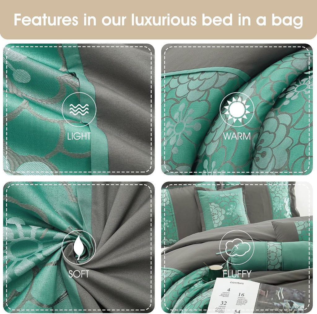 Grand Avenue Aqua Grey Comforter Set Queen Size, 7 Piece Jacquard Soft Bedding Set, All Season, Bedskirt, Pillows & Shams