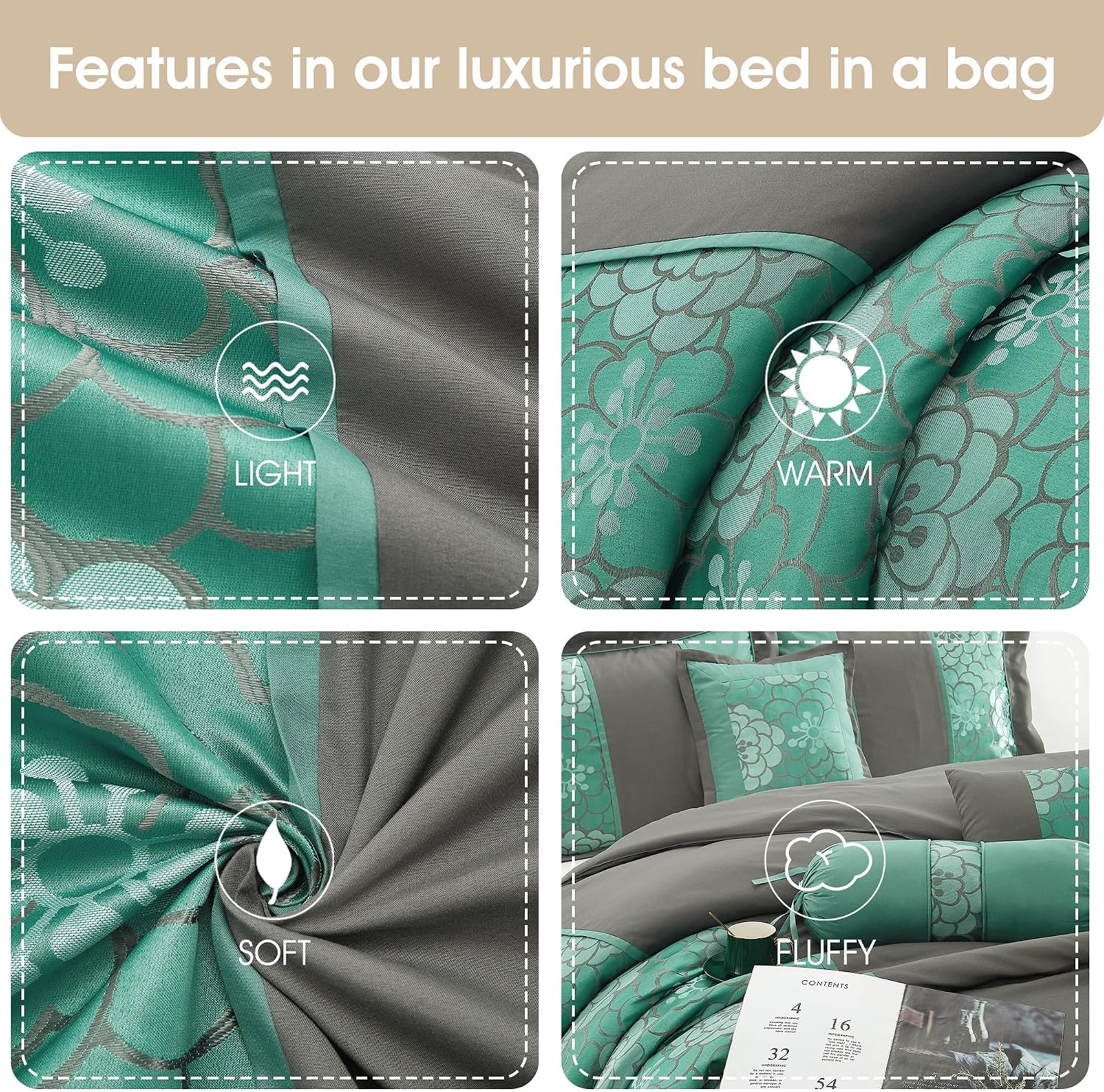 Grand Avenue Aqua Grey Comforter Set Queen Size, 7 Piece Jacquard Soft Bedding Set, All Season, Bedskirt, Pillows & Shams