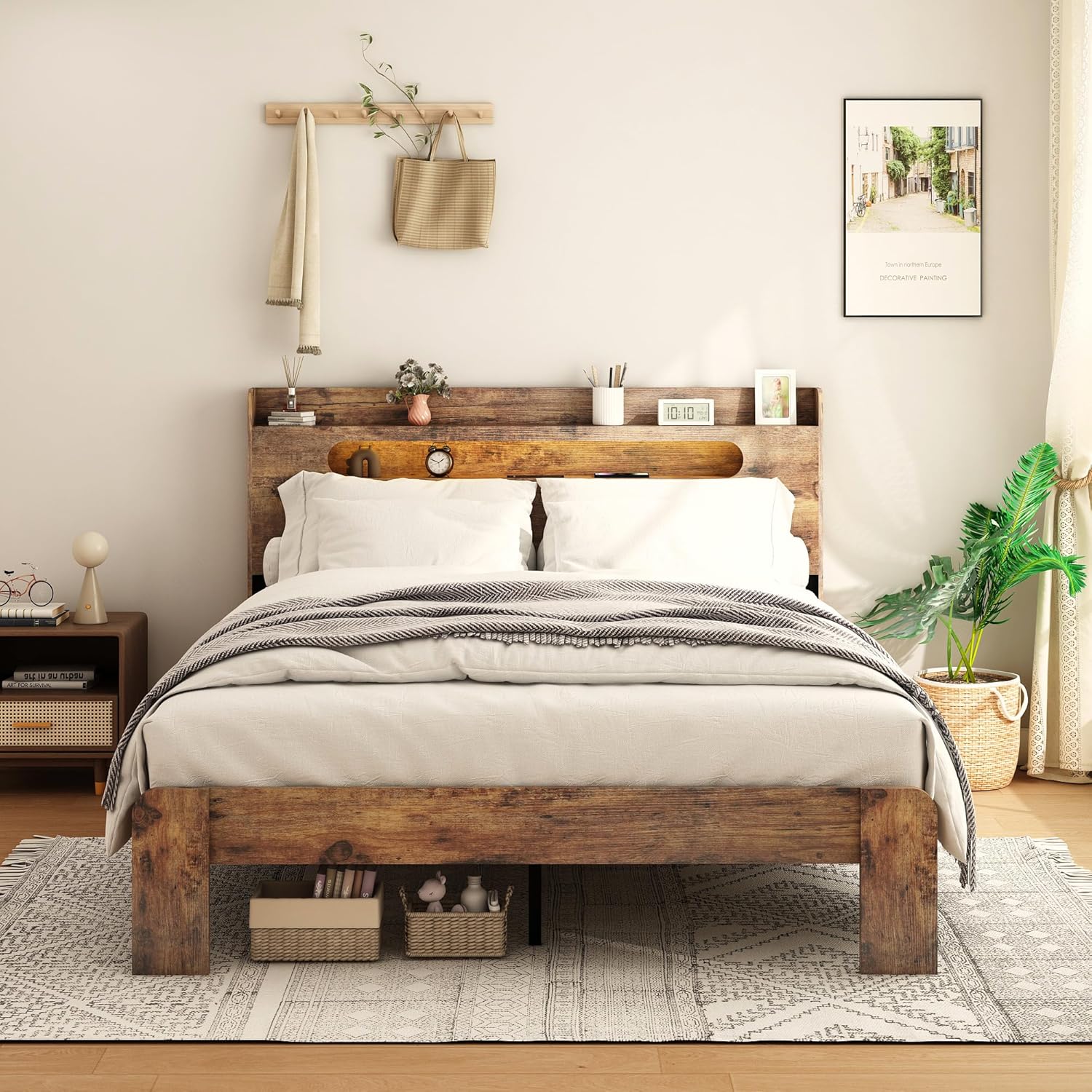 Bellemave Rustic Vintage King Size Bed Frame with Storage Headboard and Charging Station,Wooden Platform Bed Frame King Size with LED Lights and Wood Slats,Easy Assembly,Dark Brown