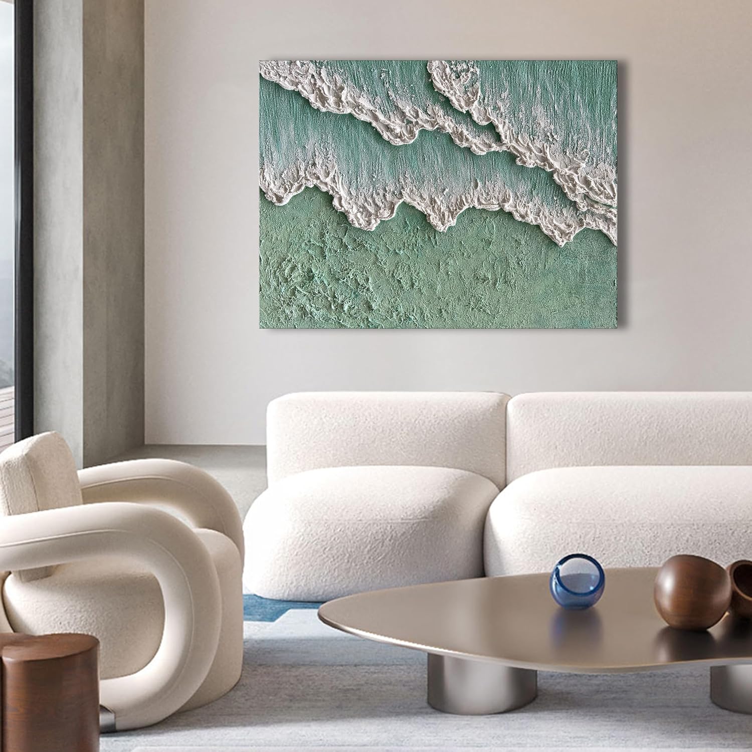 NANKAI Art Hand-Painted Green Thick Texture Abstract Oil Painting Hand-Painted Ocean Landscape Oil Painting Home Wall Decoration Art