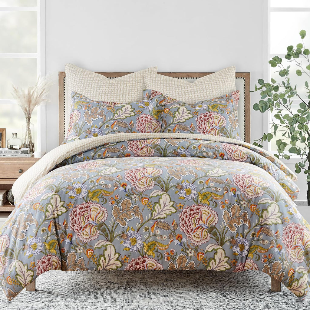 Levtex Home Angelica Reversible Twin/Twin XL Comforter Set (68x88in) with 1 Pillowcase (26x20in) - Floral Bedding - Blue Grey, Coral - 100% Cotton Twin Size Comforter Set - Soft, Pre-Washed