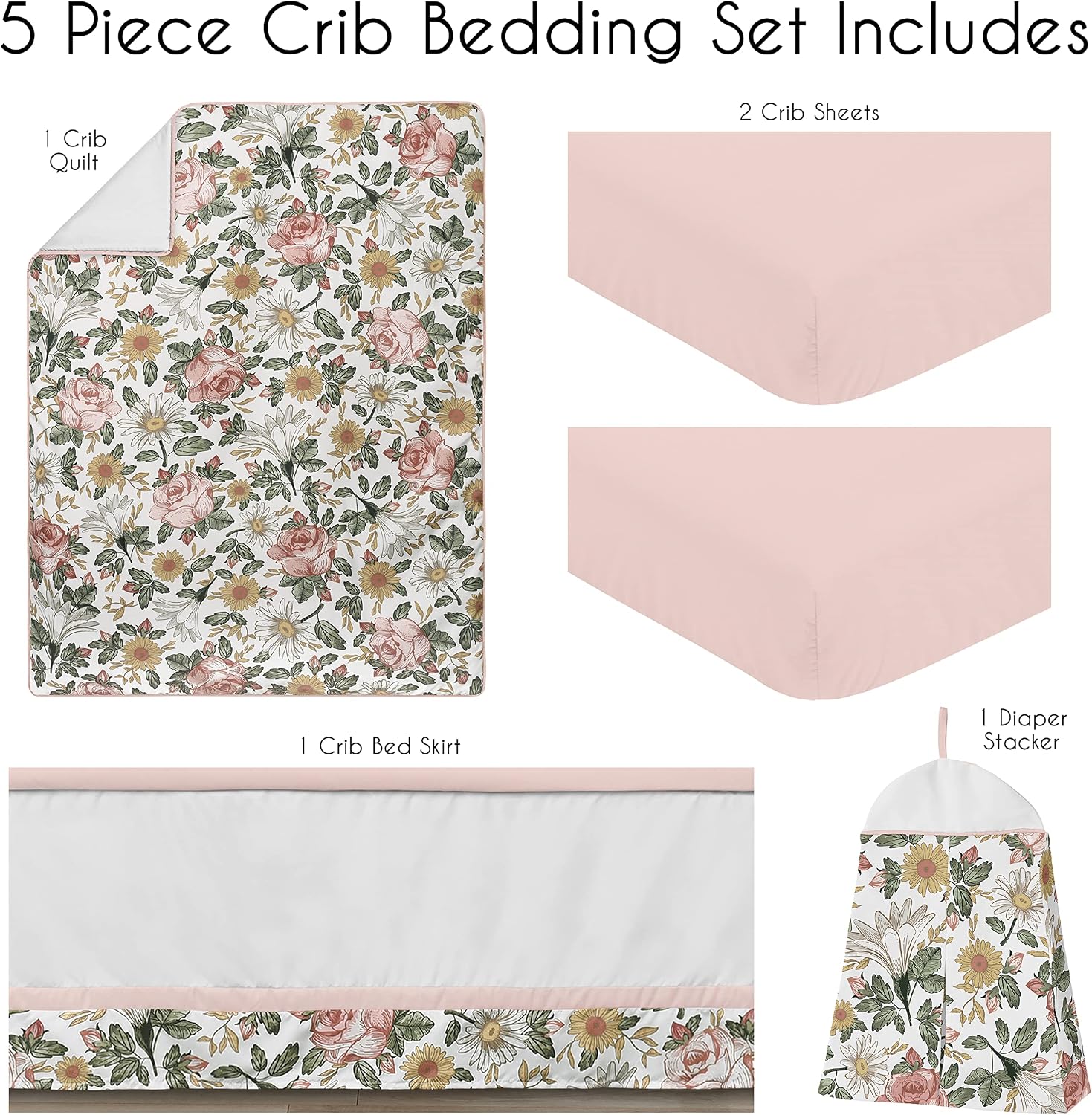 Sweet Jojo Designs 5-Piece Baby Crib Bedding Set (Boho Vintage Floral) for Girls, Infants/Nursery incl. Blanket, Fitted Sheet and Crib Skirt (Bohemian, Shabby Chic, Rose Flower, Farmhouse, Pink/Green)