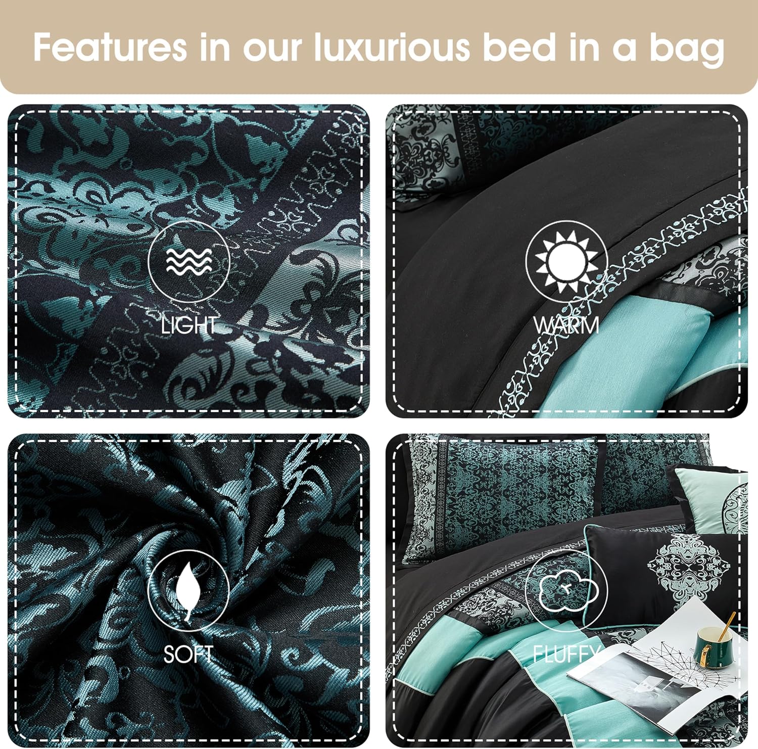 Stratford Park Black & Teal Comforter Set California King Size, Classic Jacquard Bedding Sets, Faux Silk, Premium Microfiber, 12 Pieces Bed in a Bag, Matching Fitted Sheet, Flat Sheet