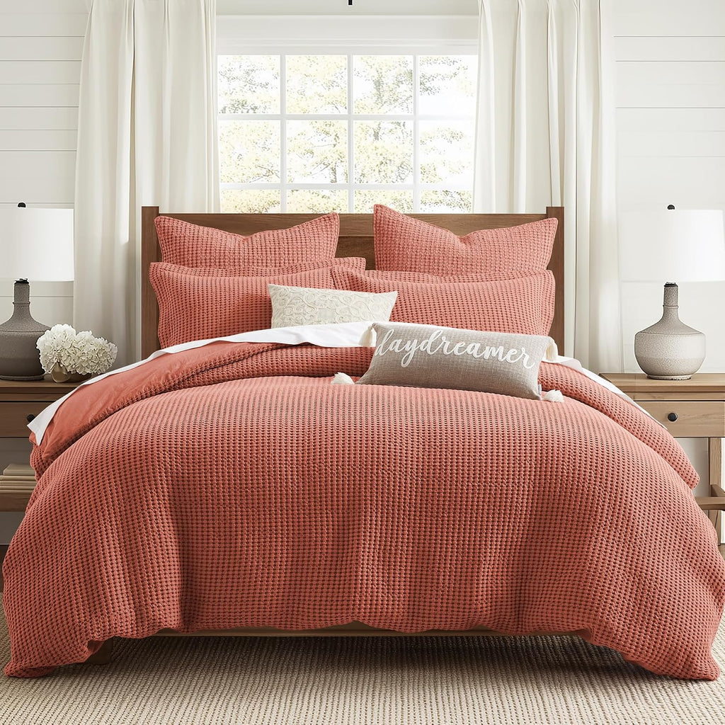 Levtex Home Mills Waffle Adobe Bed Linen Set - King Duvet Cover, 2 Pillow Cases - Cotton, 106 x 94in. Duvet, 36 x 20in. Pillow Cases