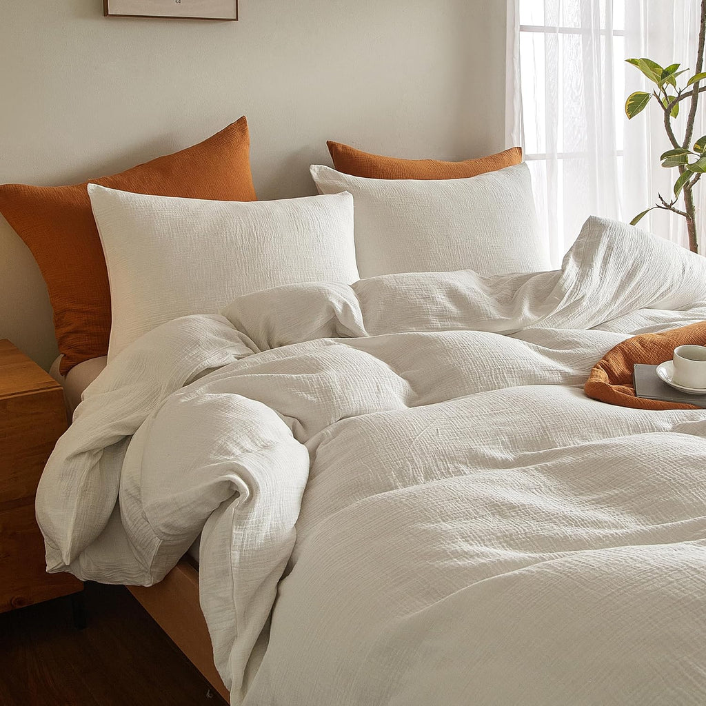 SE SOFTEXLY Muslin Duvet Cover Oversized King Size, 100% Washed Cotton Duvet Cover Set, Ultra Soft Comforter Cover Linen Like, 3 Pieces Gauze Duvet Cover with 2 Pillowcases, 98'x120', White