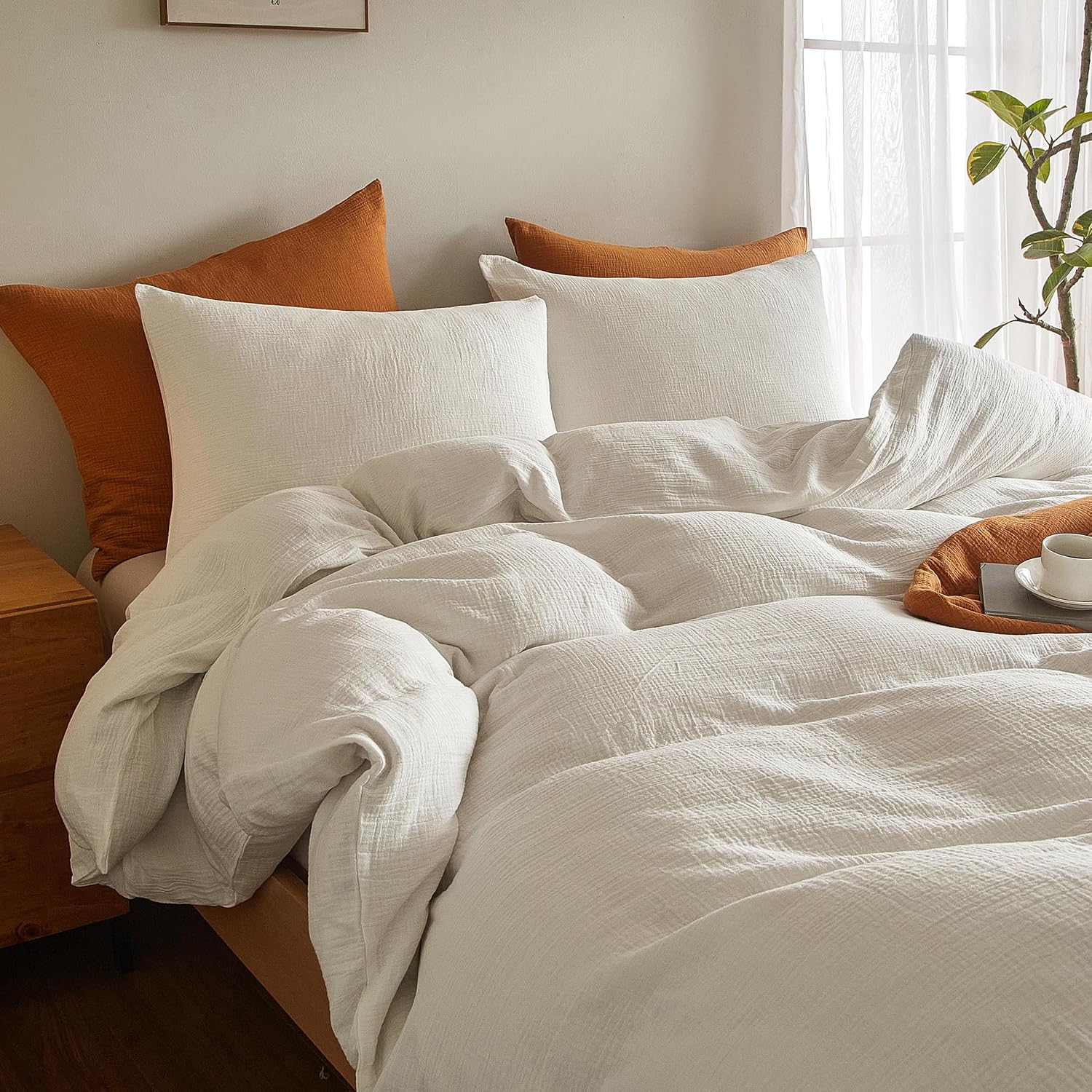 SE SOFTEXLY Muslin Duvet Cover Oversized King Size, 100% Washed Cotton Duvet Cover Set, Ultra Soft Comforter Cover Linen Like, 3 Pieces Gauze Duvet Cover with 2 Pillowcases, 98'x120', White