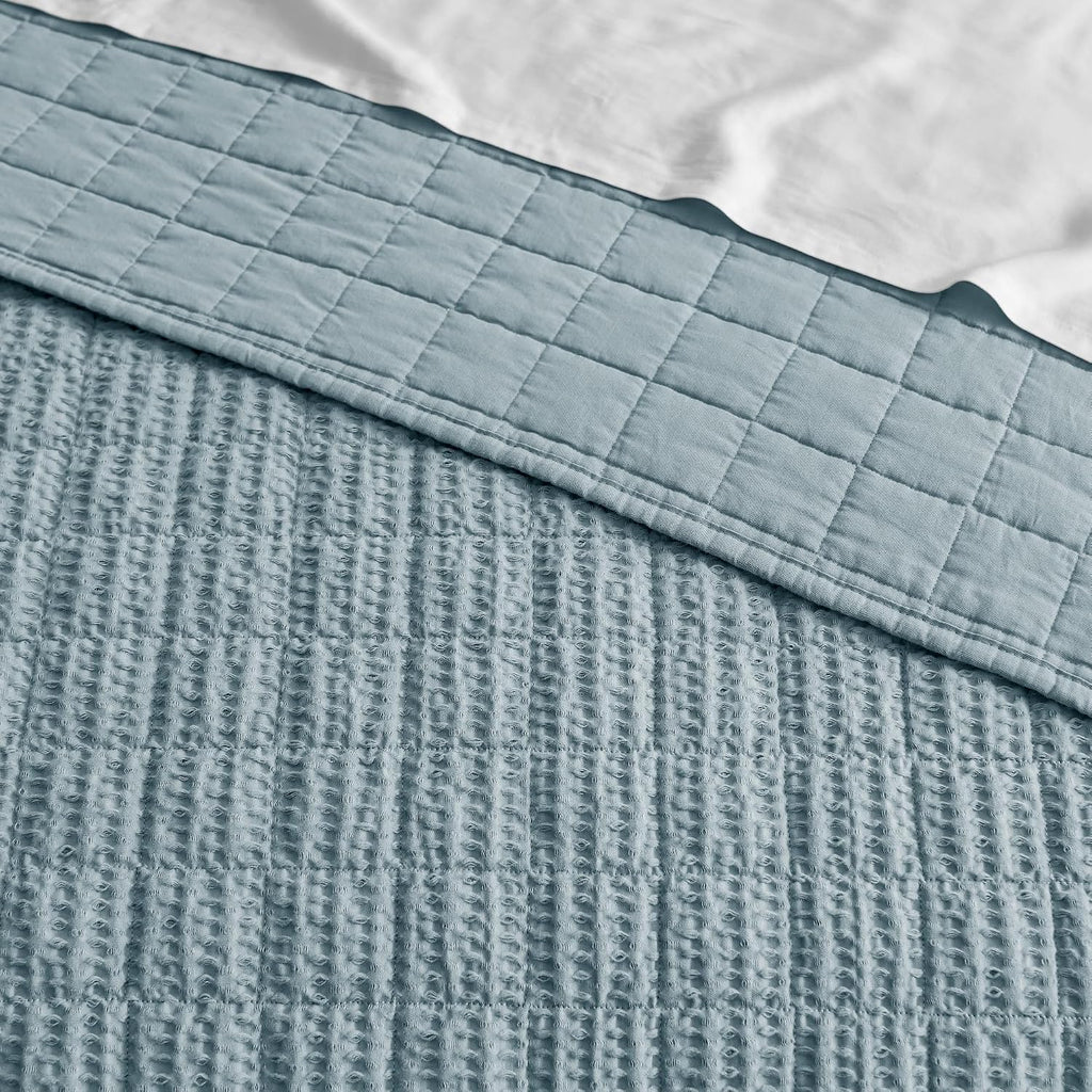 Levtex Home Cloud Waffle Full/Queen Quilt Set (88x92in) and 2 Pillow Shams (26x20in) - Box Quilted Waffle Texture - Chambray - Cotton Full/Queen Size Quilt Bedding Set - Lightweight Soft Pre-Washed | Textured