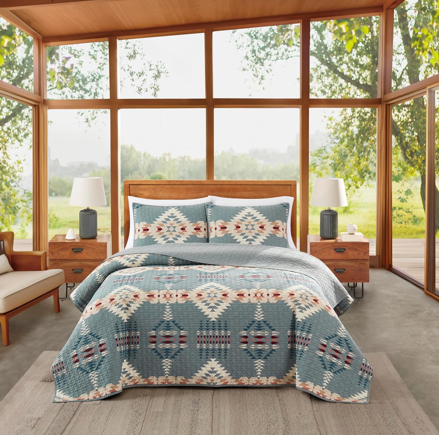 Pendleton Full/Queen Quilt Set – 100% Cotton 3 Piece Quilt Set with Shams, Soft Lightweight Bedding for Queen Size Bed, Light Blue Patterned Comforter Alternative, Queen Bedding Set (Rancho Arroyo)