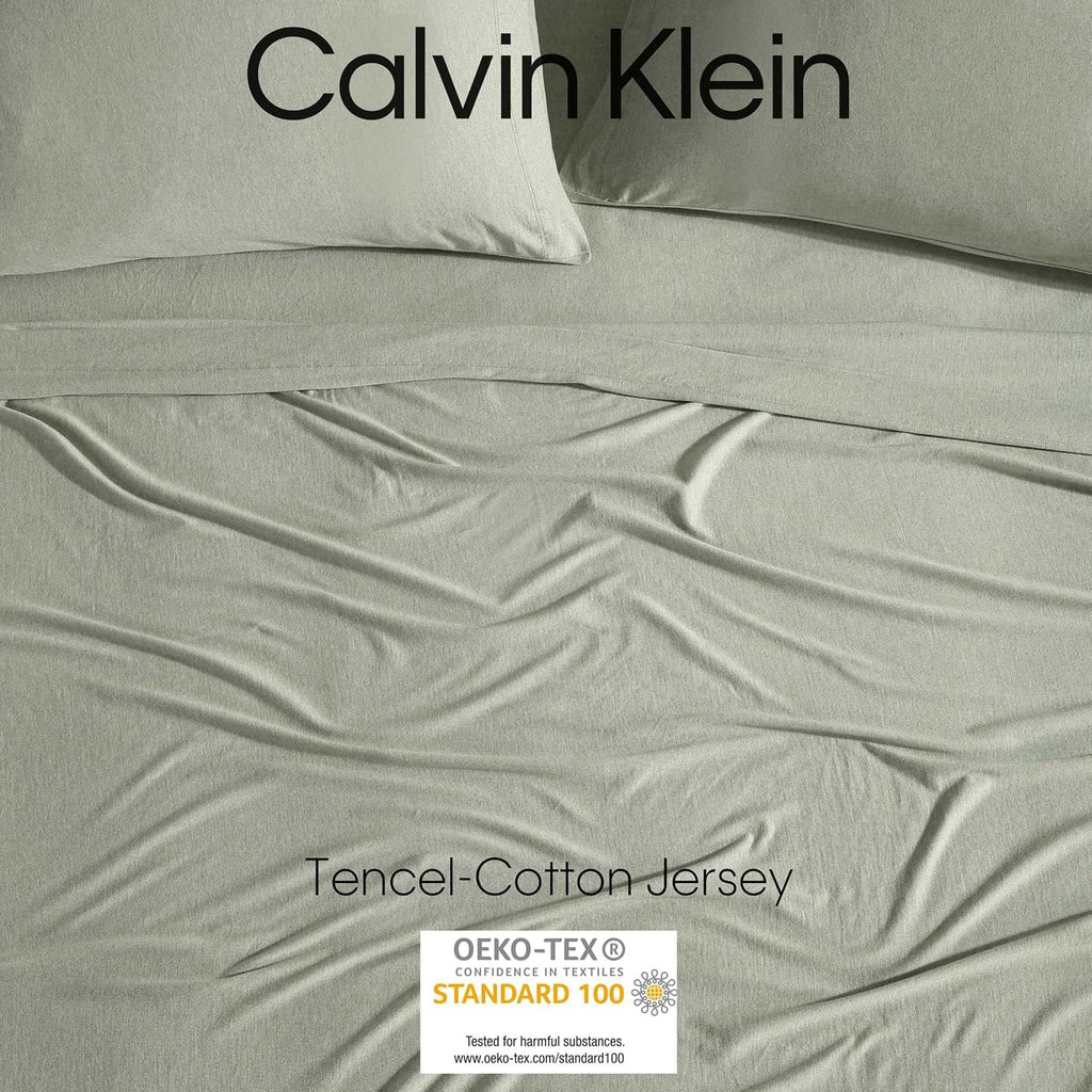 Calvin Klein - King Size Sheets Set, Naturally Soft Cotton-Blend Melange Jersey Bedding - Bed Sheets with Matching Pillowcases & Fitted Sheet (Modern Cotton Green)