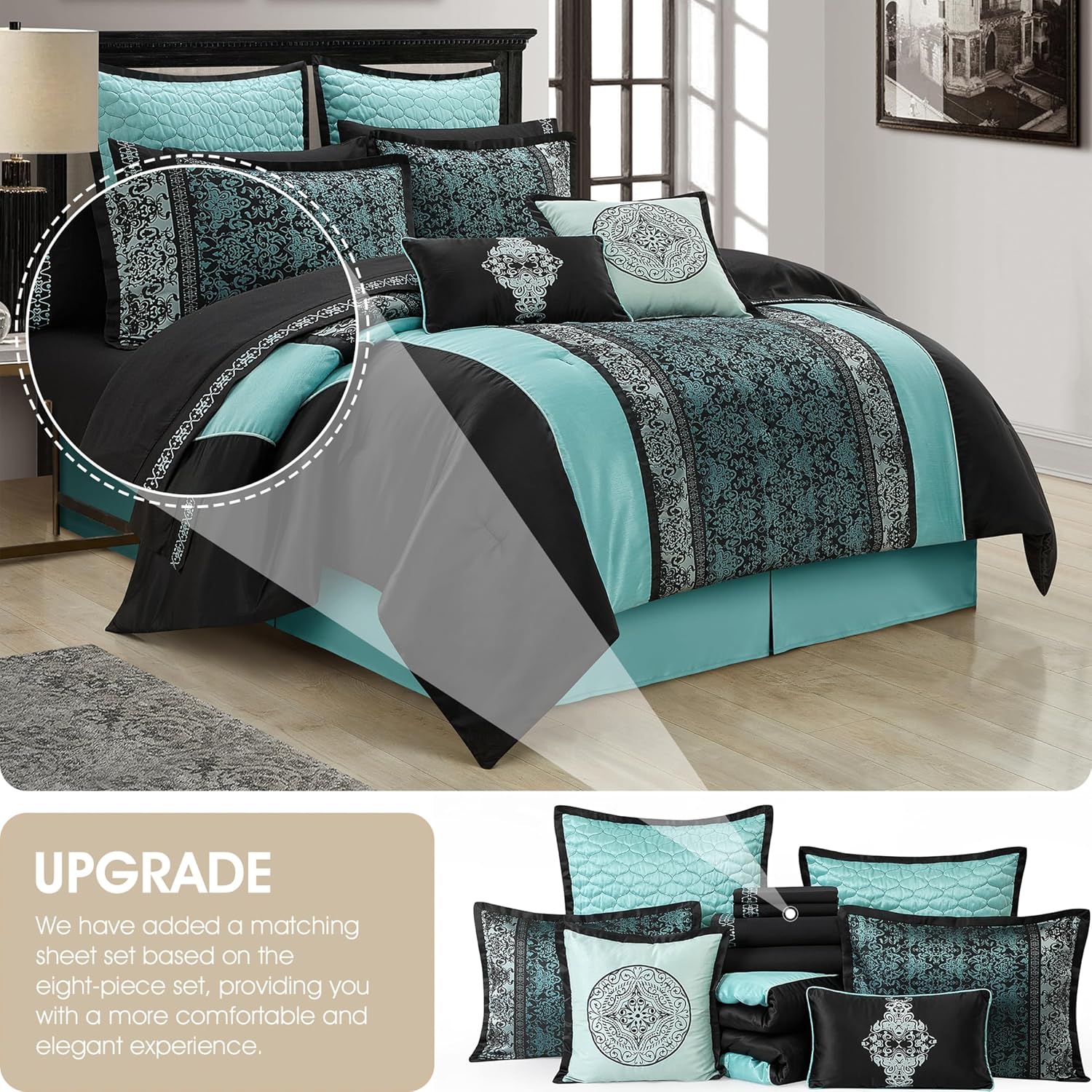Stratford Park Black & Teal Comforter Set California King Size, Classic Jacquard Bedding Sets, Faux Silk, Premium Microfiber, 12 Pieces Bed in a Bag, Matching Fitted Sheet, Flat Sheet