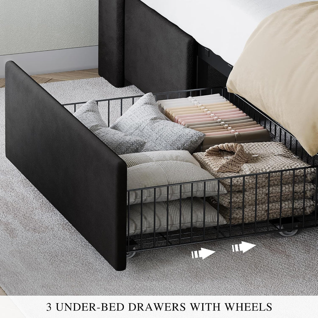 DWVO King Size Bed Frame with 3 Storage Drawers and RGB LED Lights, Velvet Upholstered Bed with Charging Station and Storage Headboard, No Box Spring Needed, Easy Assembly, Noise-Free, Black