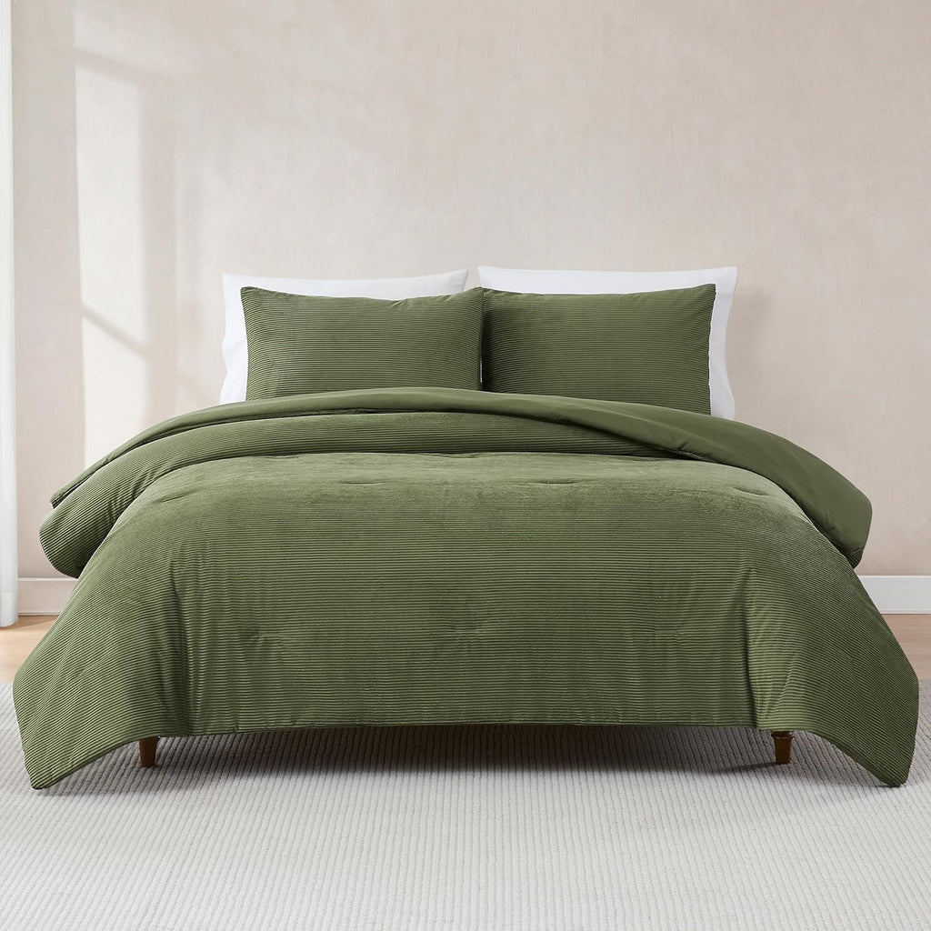 Lush Decor Arden Ribbed Corduroy Comforter 3 Piece Set Full/Queen Olive - Green Bedding Set - Soft Velvet Comforter - Teen Bedding - Retro Decor