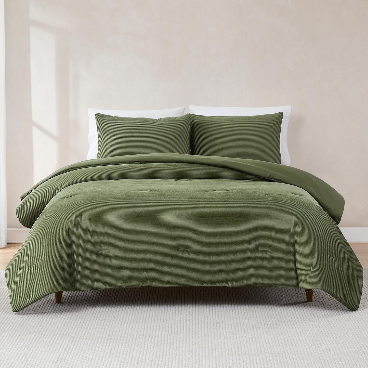 Lush Decor Arden Ribbed Corduroy Comforter 3 Piece Set Full/Queen Olive - Green Bedding Set - Soft Velvet Comforter - Teen Bedding - Retro Decor