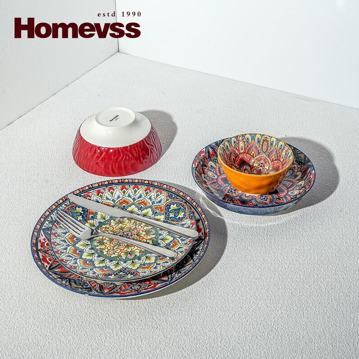 Homevss Boho 20 Pieces Dinnerware Sets, Plates and Bowls Set, Dishes Set for 4, Microwave and Dishwasher Safe, Scratch Resistant, Bohemian Style Dining Ware, Mixed Blue, Green, Orange and Red
