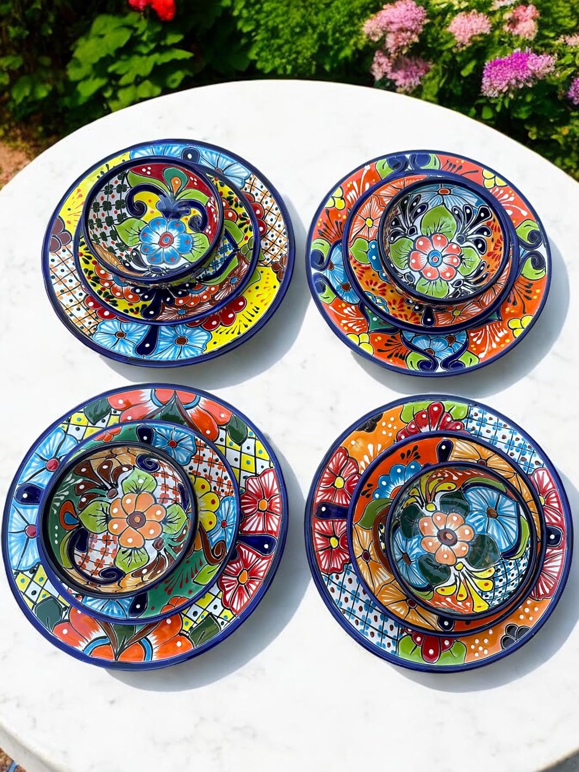 16-Piece Talavera Dinnerware Set | Hand-Painted Mexican Pottery with 4 Large 11.5' Plates, 4 Small 8' Plates, 4 Bowls, and 4 Mugs | Unique, Artisan-Made Ceramic Dish Set