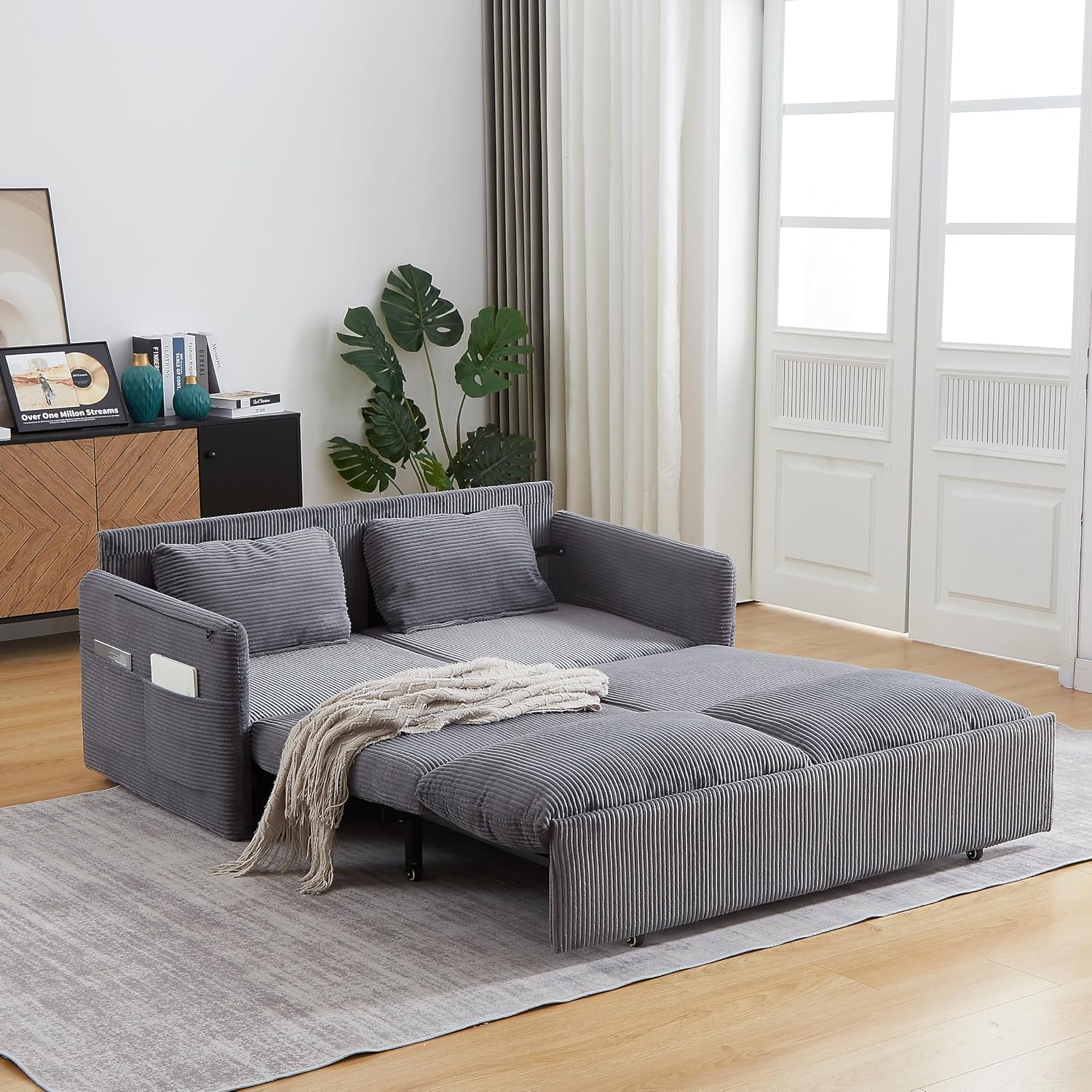 WILLIAMSPACE 64.5' Pull Out Sofa Bed, 3-in-1 Adjustable Sleeper Sofa Couch with Side Storage, Convertible Loveseat Sofa Bed Pull Out Couch for Living Room, Apartment, Corduroy, Gray