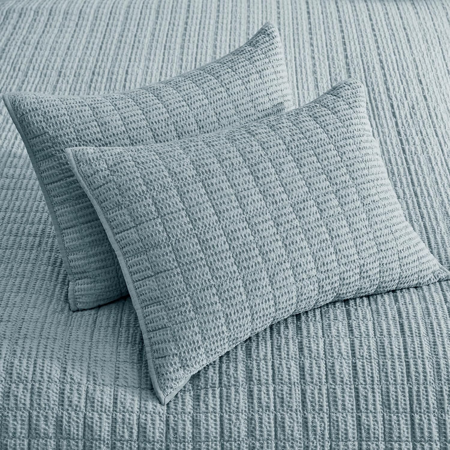 Levtex Home Cloud Waffle Full/Queen Quilt Set (88x92in) and 2 Pillow Shams (26x20in) - Box Quilted Waffle Texture - Chambray - Cotton Full/Queen Size Quilt Bedding Set - Lightweight Soft Pre-Washed | Textured
