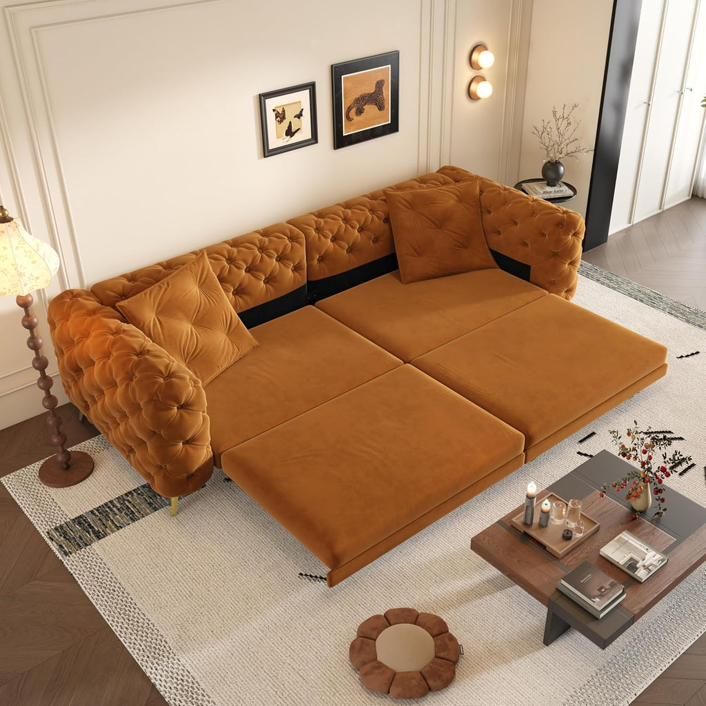 WILLIAMSPACE 97.7' 3-in-1 Convertible Sleeper Sofa Bed, Modern Button Tufted 28.4' Deep Seat Pull Out Couch Bed with Movable Ottoman, Multi-Functional 4-Seater Couch for Living Room, Velvet - Orange
