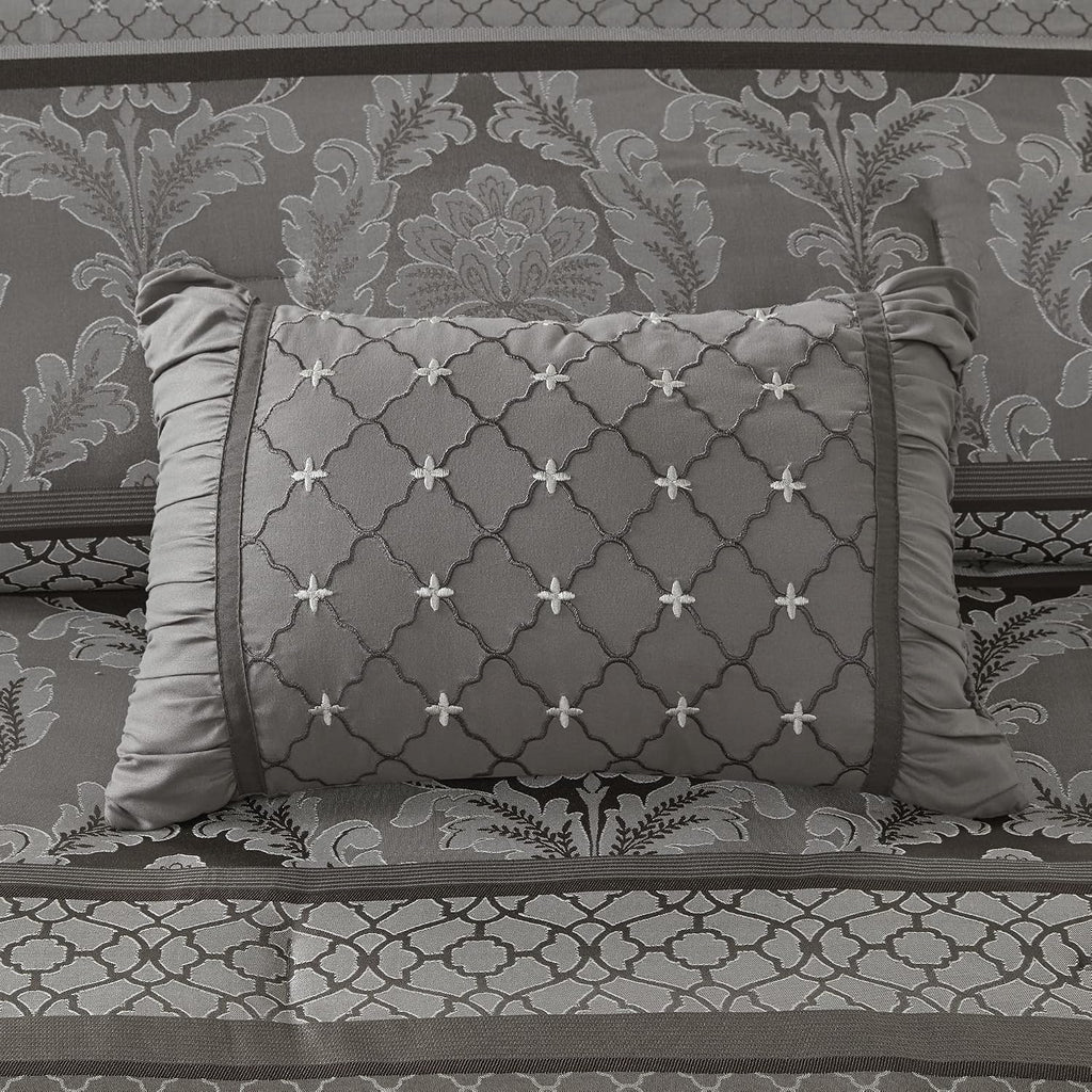 Madison Park Bellagio Cozy Comforter Set - Luxurious Jaquard Traditional Damask Design, All Season Down Alternative Bedding with Matching Shams, Decorative Pillow, Cal King(104'x92'), Grey 7 Piece