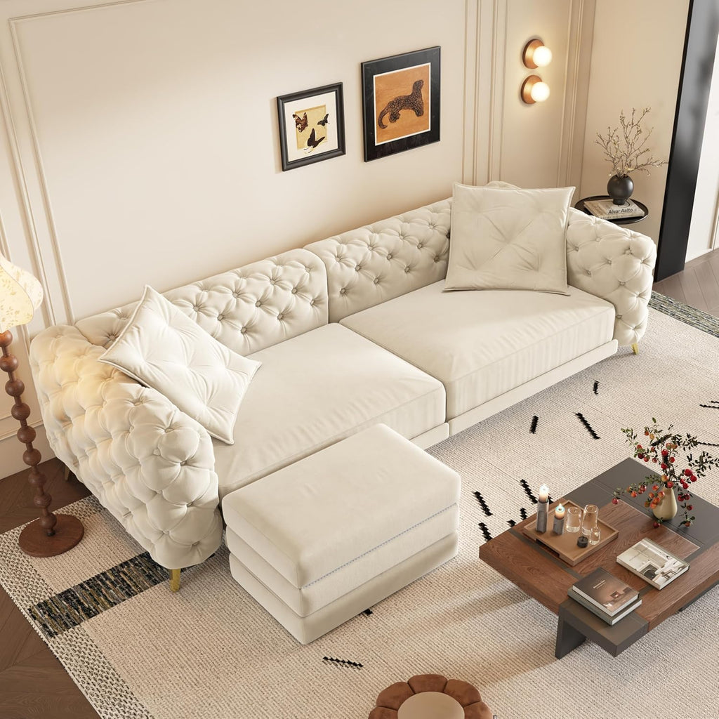 WILLIAMSPACE 97.7' 3-in-1 Convertible Sleeper Sofa Bed, Modern Button Tufted 28.4' Deep Seat Pull Out Couch Bed with Movable Ottoman, Multi-Functional 4-Seater Couch for Living Room, Velvet - Beige