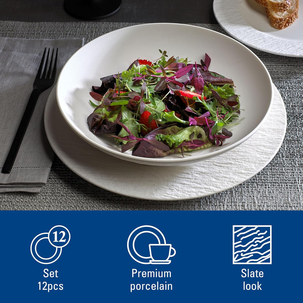Villeroy & Boch Manufacture Rock Blanc 12-Piece Dinnerware Set, Service for 4, Dinner Plates, Salad Plates & Pasta Bowls, Premium Porcelain, Made in Germany, Matte White