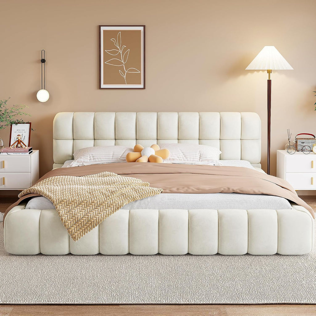 GOWE King Size Upholstered Platform Bed with Thick Fabric, Grounded Bed with Solid Frame, Beige
