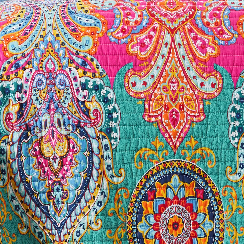 Levtex Home - Fantasia Quilt Set - King Quilt (106x92in.) + Two King Pillow Shams (36x20in.) - Bohemian - Teal, Orange, Yellow, Green, Blue - Reversible - Cotton Fabric