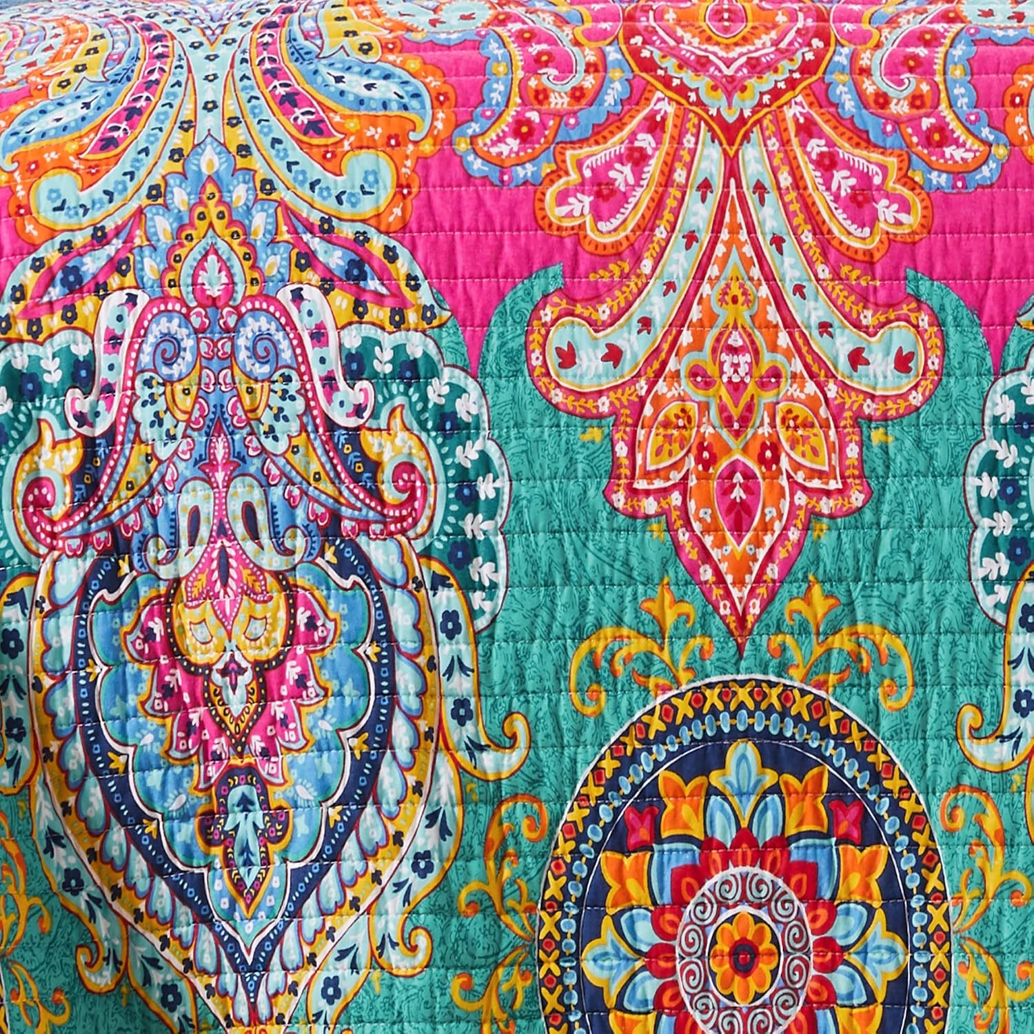 Levtex Home - Fantasia Quilt Set - King Quilt (106x92in.) + Two King Pillow Shams (36x20in.) - Bohemian - Teal, Orange, Yellow, Green, Blue - Reversible - Cotton Fabric
