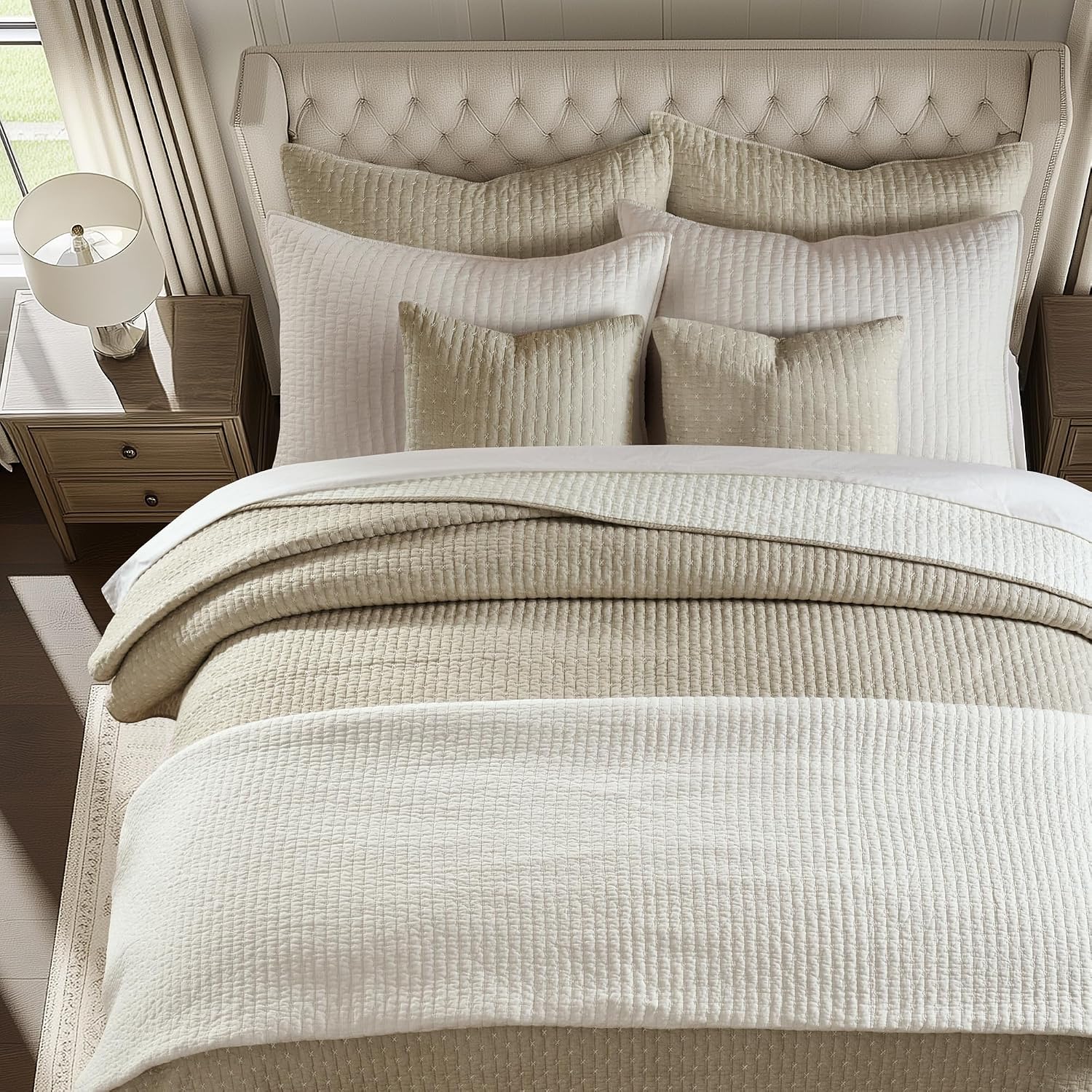 Levtex Home Cross Stitch Reversible King/Cal King Quilt Set (106x92in) and 2 Pillow Shams (36x20in) - Stitch Texture - Taupe - Cotton King Size Quilt Bedding Set - Lightweight Soft Pre-Washed