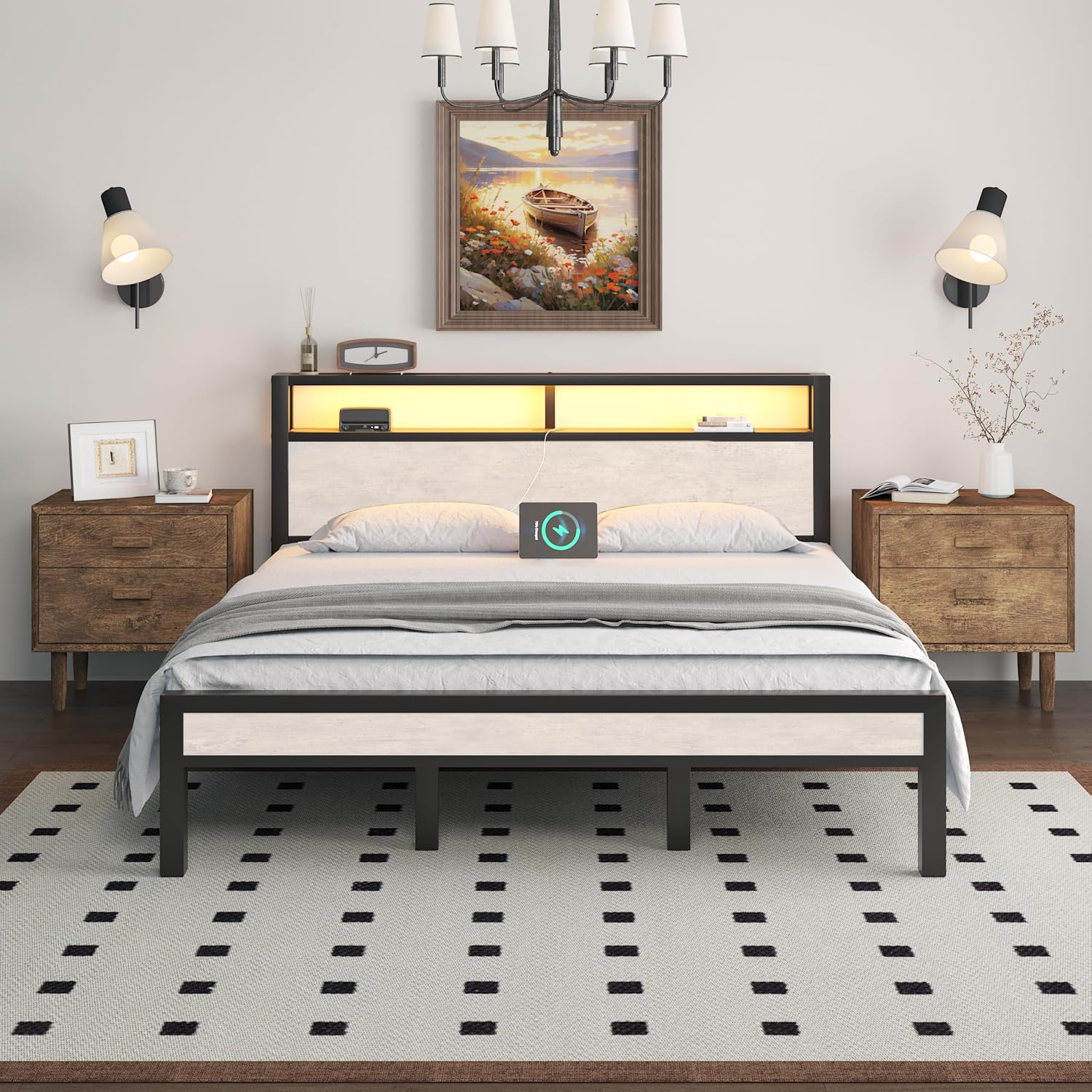 LOEWAY Queen Size Bed Frame with Storage Headboard, Industrial Platform Bed with Charging Station and LED Lights, Heavy Duty Metal Slats, No Box Spring Need, Noise Free, Beige