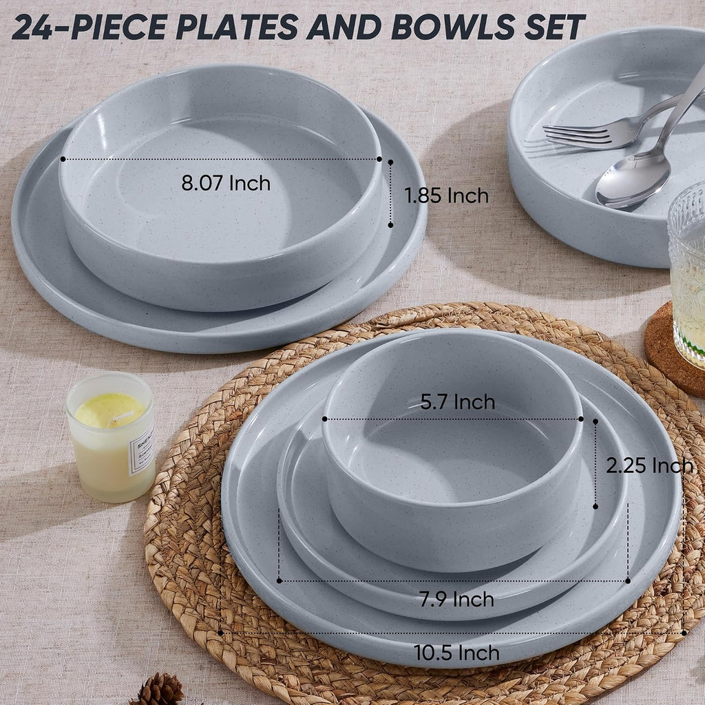 E-far Dinnerware Sets with Pasta Bowls, 24-Piece Stoneware Plates and Bowls Sets for 6 | Microwave & Dishwasher Safe Kitchen Modern Dish Set, Speckled Gray