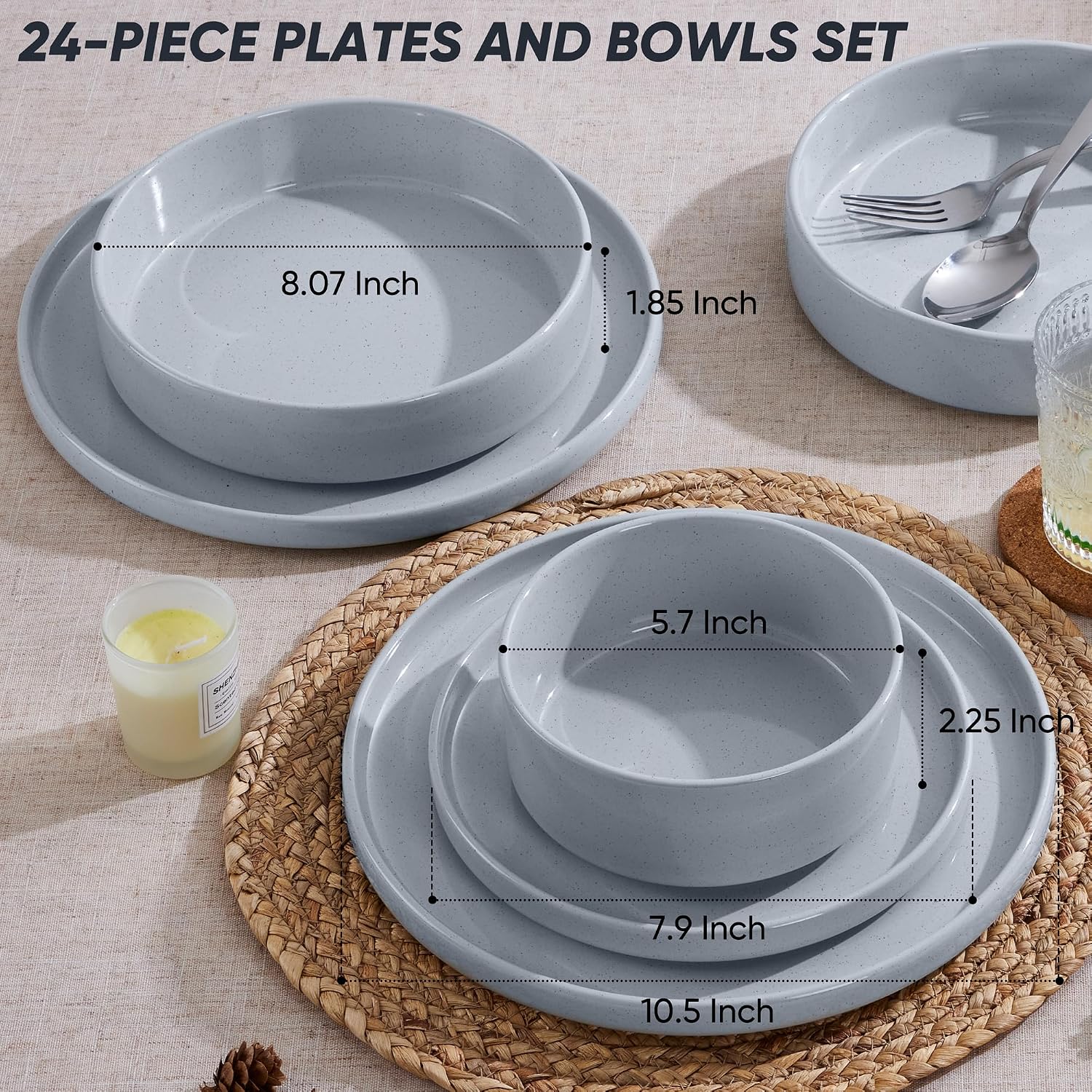 E-far Dinnerware Sets with Pasta Bowls, 24-Piece Stoneware Plates and Bowls Sets for 6 | Microwave & Dishwasher Safe Kitchen Modern Dish Set, Speckled Gray