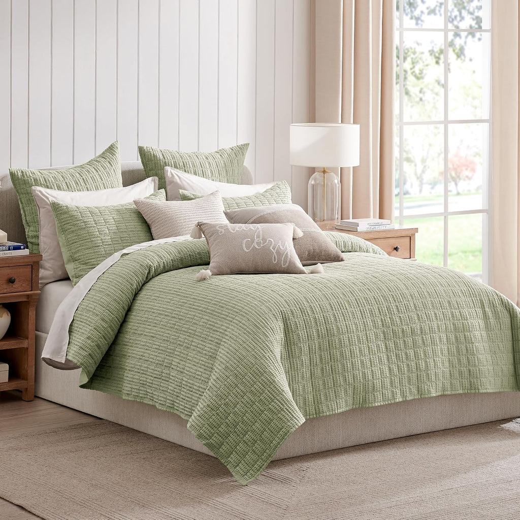 Levtex Home Cloud Waffle Full/Queen Quilt Set (88x92in) and 2 Pillow Shams (26x20in) - Box Quilted Waffle Texture - Desert Sage - Cotton Full/Queen Size Quilt Bedding Set - Lightweight Soft Pre-Washed | Textured