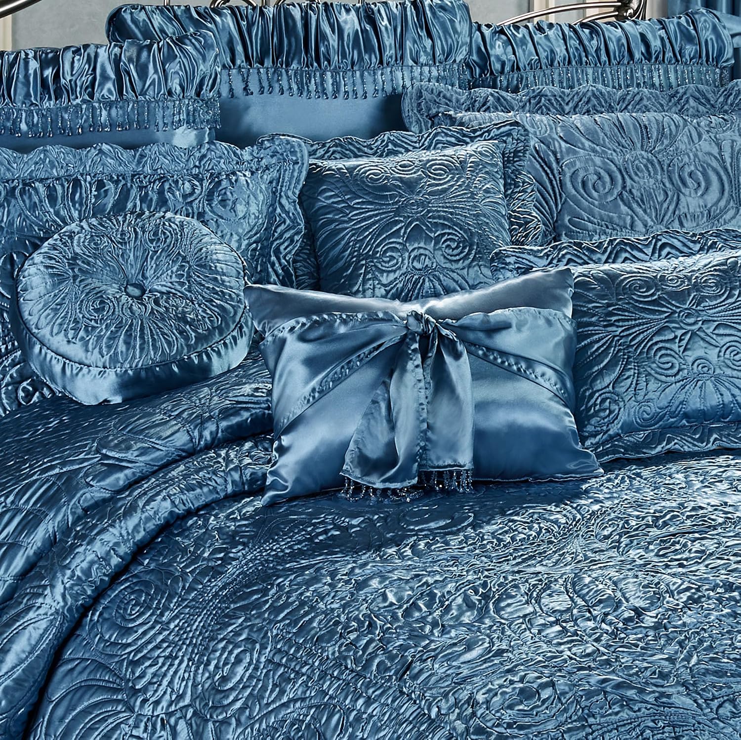 Touch of Class Portia Luxury Bedding | Sapphire | Quilted Polyester Satin | Romantic Hand Guided Machine Quilted Scroll Design 7 Piece Set with Full Bedspread, 2 Standard Shams, 4 Pillows