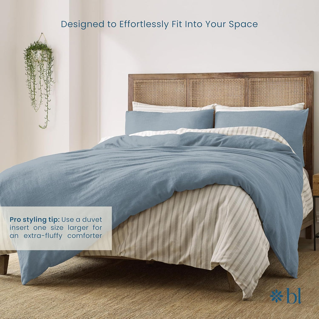 Blue Loom Duvet 100% Cotton Set, 3 Piece, Stone Washed Duvet Set Full/Queen Size 92' x 90' with 2 Matching Pillow Shams, Comforter Not Included, Vivie - Denim Blue