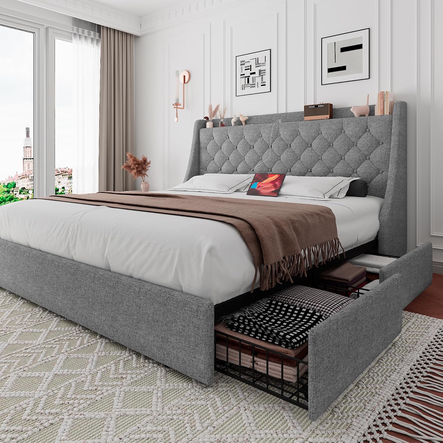 iPormis Full Size Bed Frame with 4 Storage Drawers, Upholstered Platform Bed Frame with Type-C & USB Ports, Wingback Storage Headboard, Solid Wood Slats, No Box Spring Needed, Light Gray