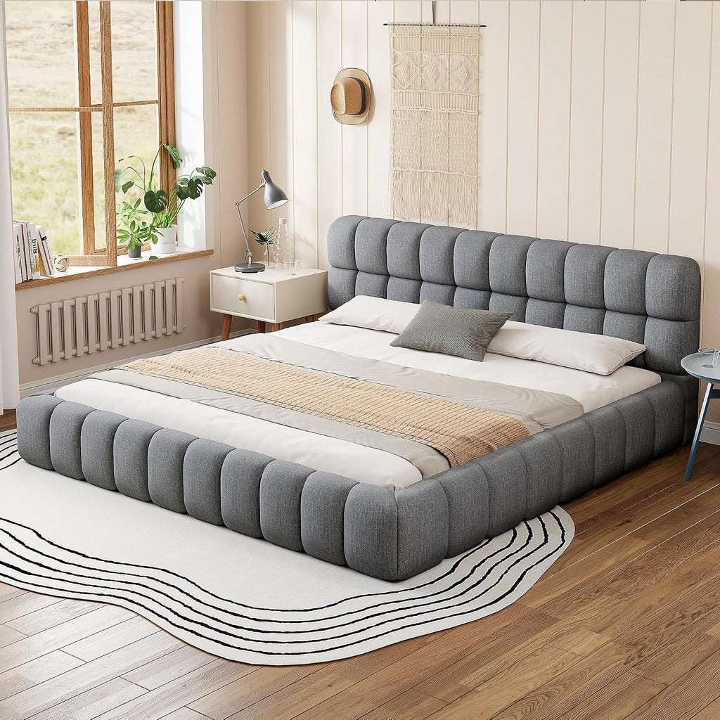 GOWE King Size Upholstered Platform Bed with Thick Fabric, Grounded Bed with Solid Frame, Gray