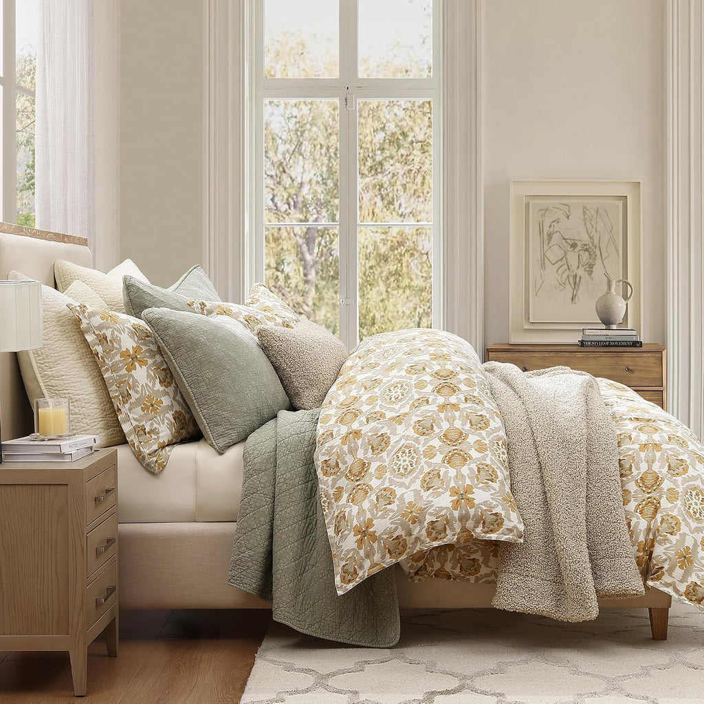 HiEnd Accents Andie Washed Linen Floral Comforter Set, 3 Piece Queen Size Bedding Set, Vintage Flower Print, Cream Tuscan Marigold Medallion Pattern, Chic Casual Classic Comforter with Pillow Shams