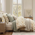 HiEnd Accents Andie Washed Linen Floral Comforter Set, 3 Piece Queen Size Bedding Set, Vintage Flower Print, Cream Tuscan Marigold Medallion Pattern, Chic Casual Classic Comforter with Pillow Shams