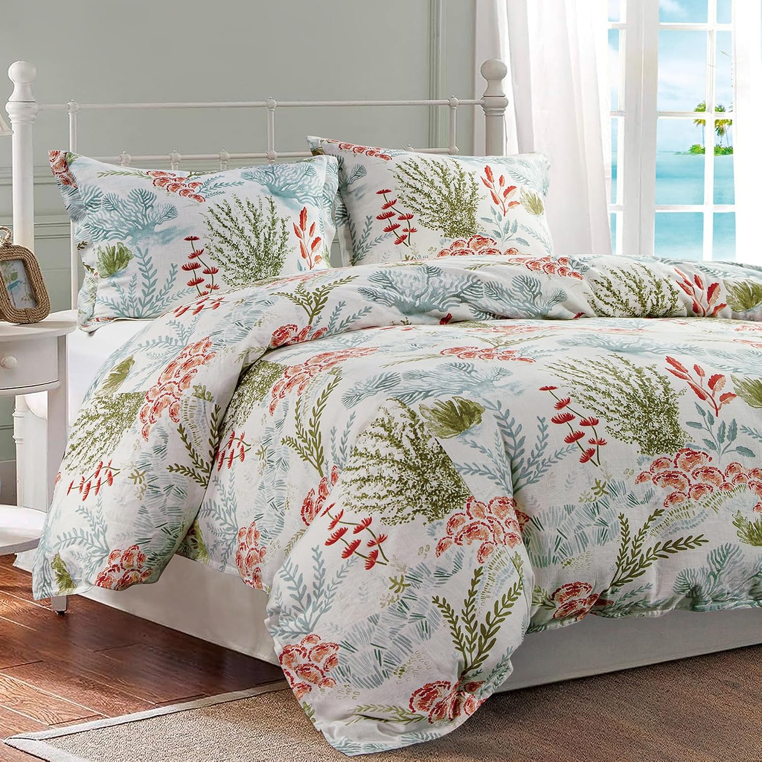Hiend Accents Oceania Coastal Bedding 3 Piece Queen Comforter Set, Blue Green White Red Coral Print Linen Blend Bedding Set, Classic Chic Casual Bed Set, 1 Comforter and 2 Pillow Shams