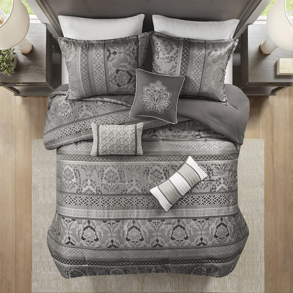 Madison Park Bellagio Cozy Comforter Set - Luxurious Jaquard Traditional Damask Design, All Season Down Alternative Bedding with Matching Shams, Decorative Pillow, Cal King(104'x92'), Grey 7 Piece