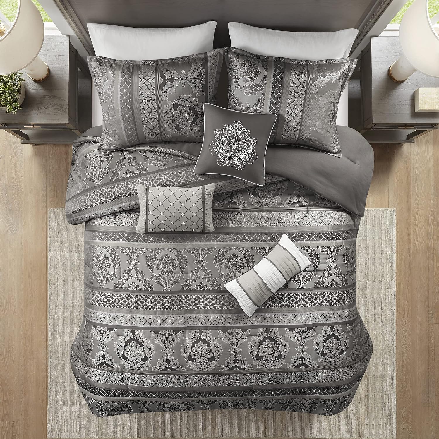 Madison Park Bellagio Cozy Comforter Set - Luxurious Jaquard Traditional Damask Design, All Season Down Alternative Bedding with Matching Shams, Decorative Pillow, Cal King(104'x92'), Grey 7 Piece