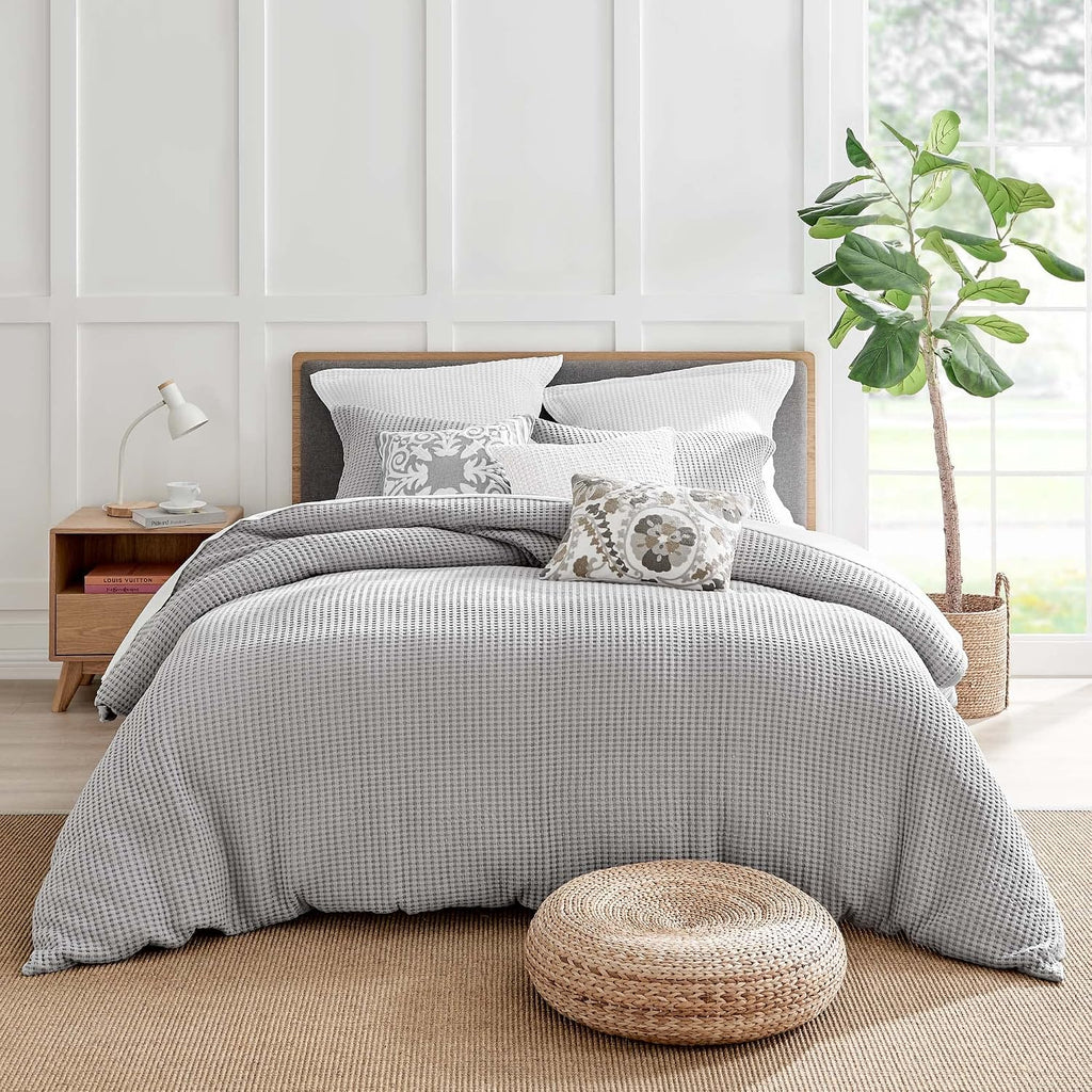 Levtex Home Mills Waffle King Duvet Cover Set (106x94in) with 2 Pillow Shams (36x20in) - Grey Pewter - Cotton King Size Duvet Cover Set - Soft, Pre-Washed