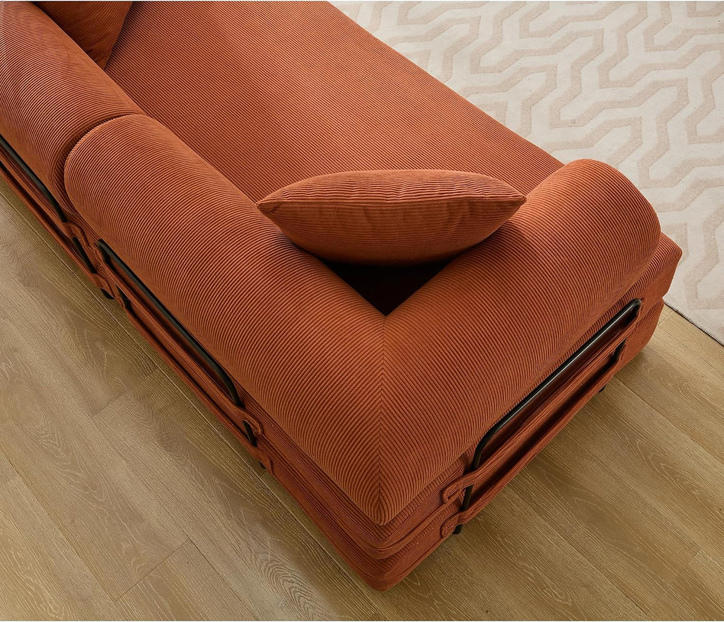 WILLIAMSPACE 78.5' Modern Loveseat Sofa Fold-Out Sofa Bed, Convertible Chair Floor Couch with Removable Backrest, Comfy King Size Sofa Bed for Living Room, Bedroom, Corduroy Fabric (Orange)