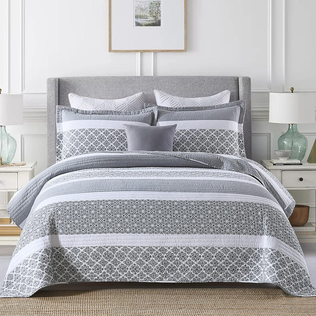 SahSahCasa Quilt King Size, King Quilt Set, 100% Cotton King Quilt Bedding Set Bedspreads, Reversible Lightweight Floral Patchwork Quilts Bedspread for King Bed, Bluish Grey, for All Season, 3-Piece